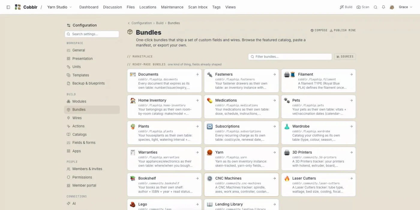 Cobblr's bundle marketplace: a grid of ready-made bundles including Documents, Fasteners, Filament, Home Inventory, Medications, Pets, Plants, Subscriptions, Wardrobe, Warranties, Yarn, 3D Printers, Bookshelf, CNC Machines, Laser Cutters, Lego and Lending Library.