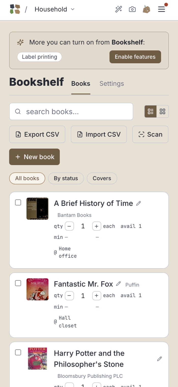 The bookshelf on a phone: one card per book with its cover, publisher, quantity and the room it is in.